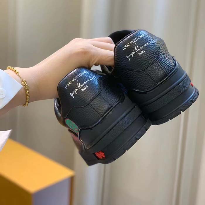 Louis Vuitton Unisex LV x YK LV Trainer Sneaker Black Printed Grained Calf Leather Monogram Flowers