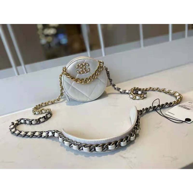 Chanel Women Chanel 19 Clutch with Chain Lambskin Gold Silver-Tone Ruthenium White