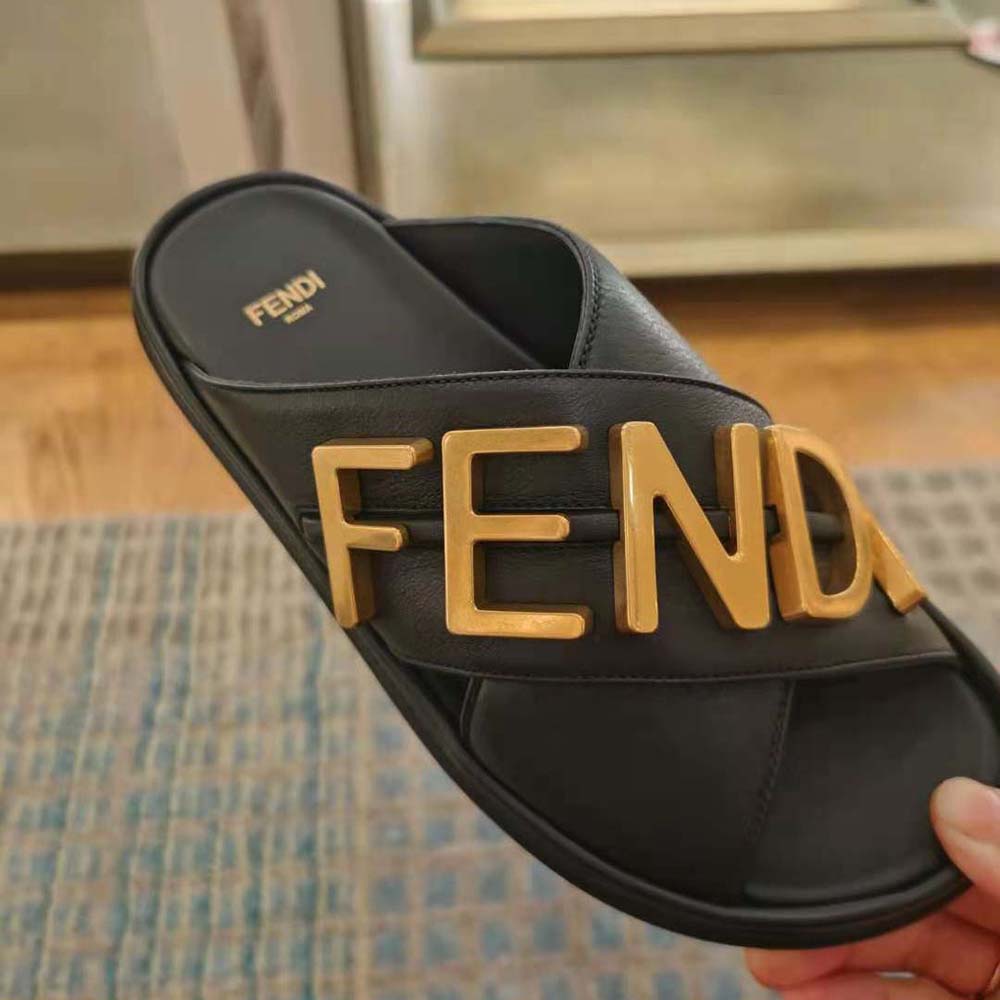 Fendi Women Fendigraphy Black Leather Slides