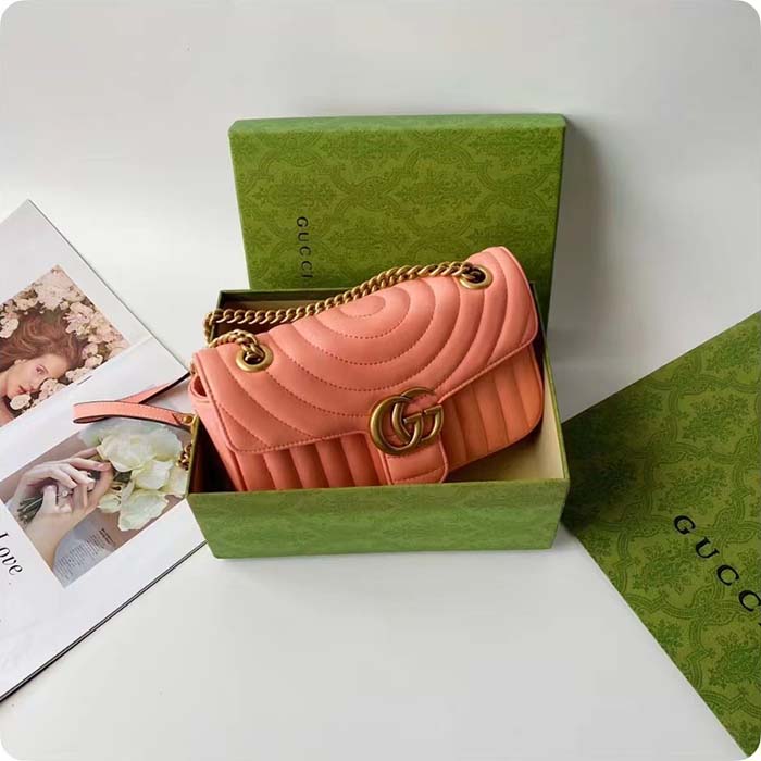 Gucci Women GG Marmont Small Shoulder Bag Peach Matelassé Round Leather