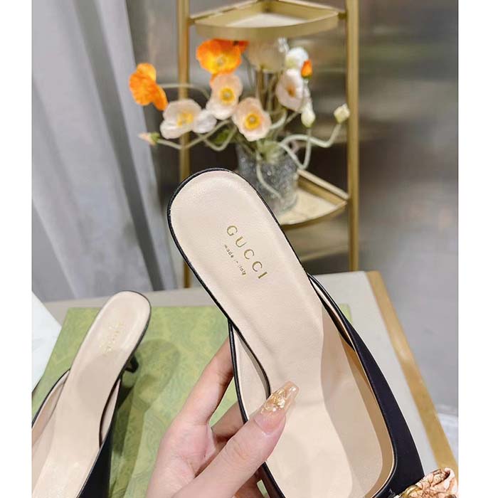 Gucci Women GG Interlocking G Mule Black Leather Square Toe Leather Mid-Heel