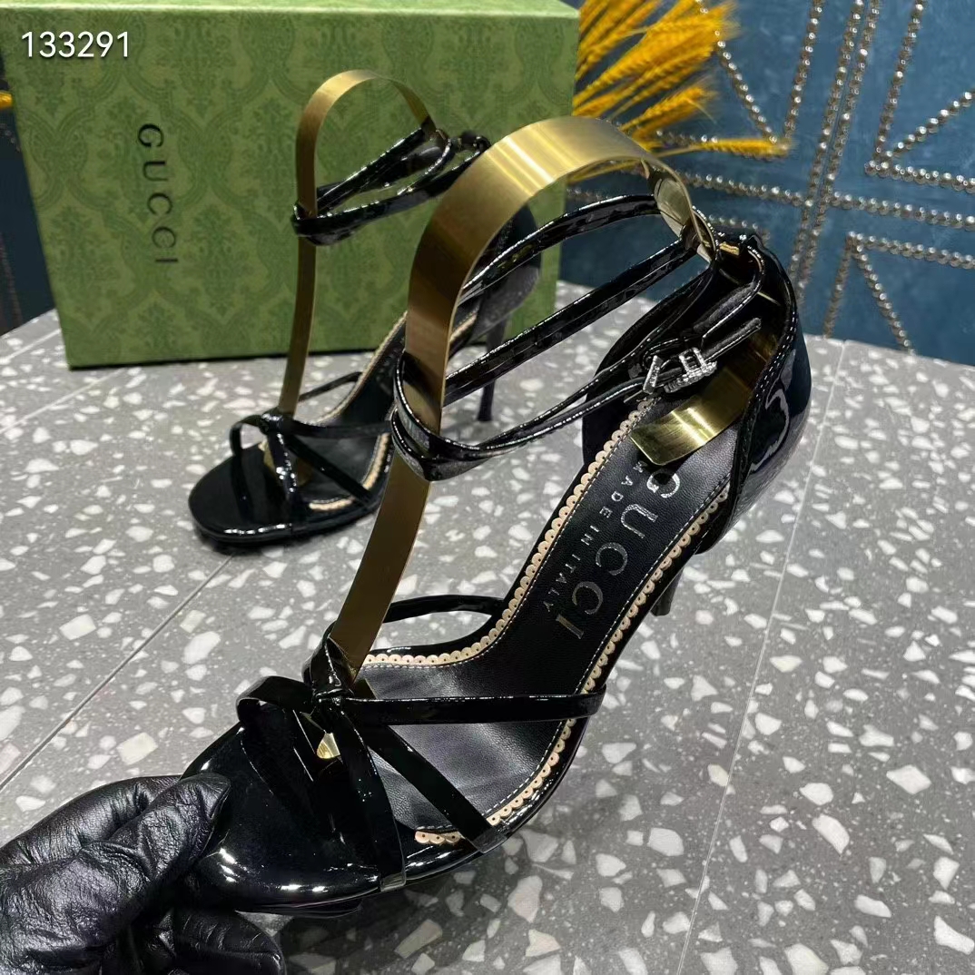 Gucci Women GG Strappy Sandal Double G Black Patent Leather Crystal High 11 CM Heel
