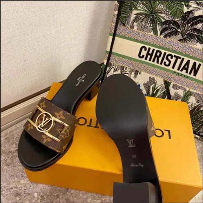 Louis Vuitton LV Women Lock It Mule Brown Patent Monogram Canvas Leather Outsole
