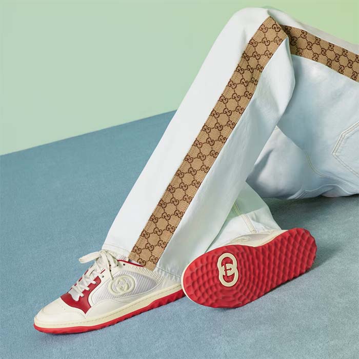 Gucci Unisex GG MAC80 Sneaker Off White Red Leather Round Toe Rubber Flat