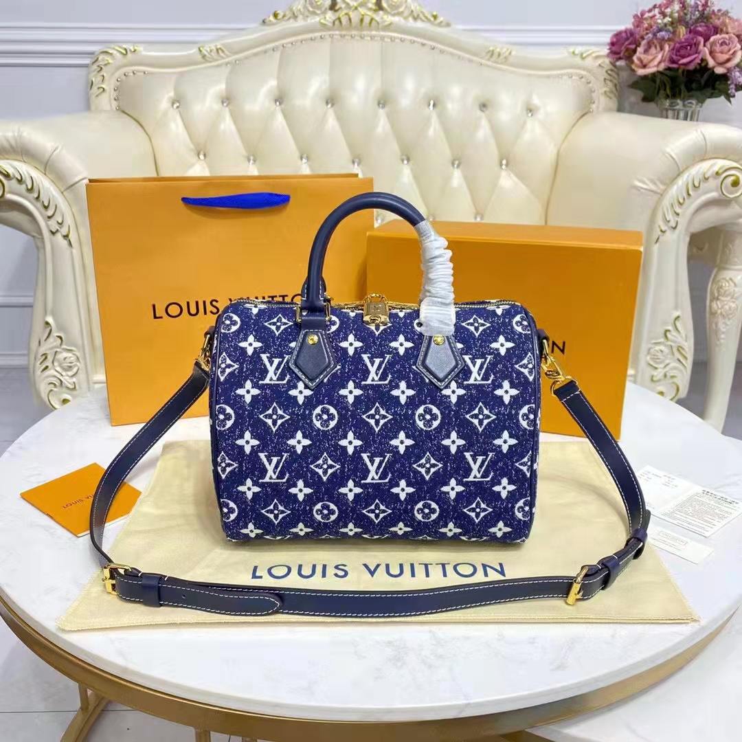 Louis Vuitton LV Women Speedy Bandoulière 25 Handbag Navy Blue Denim Jacquard Calfskin