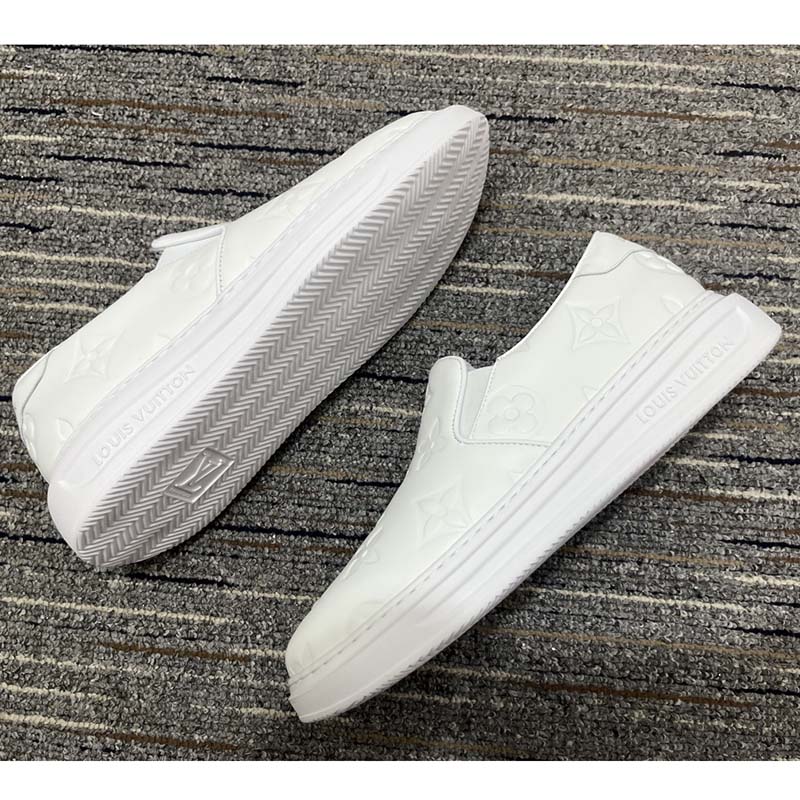 Louis Vuitton LV Unisex Beverly Hills Slip-On Sneaker White Monogram Embossed Calf Leather