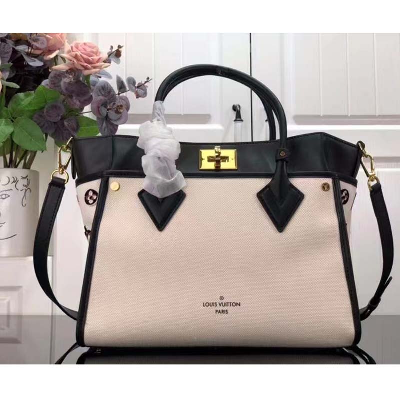 Louis Vuitton Women On My Side MM Tote Bag Black Canvas Smooth Cowhide