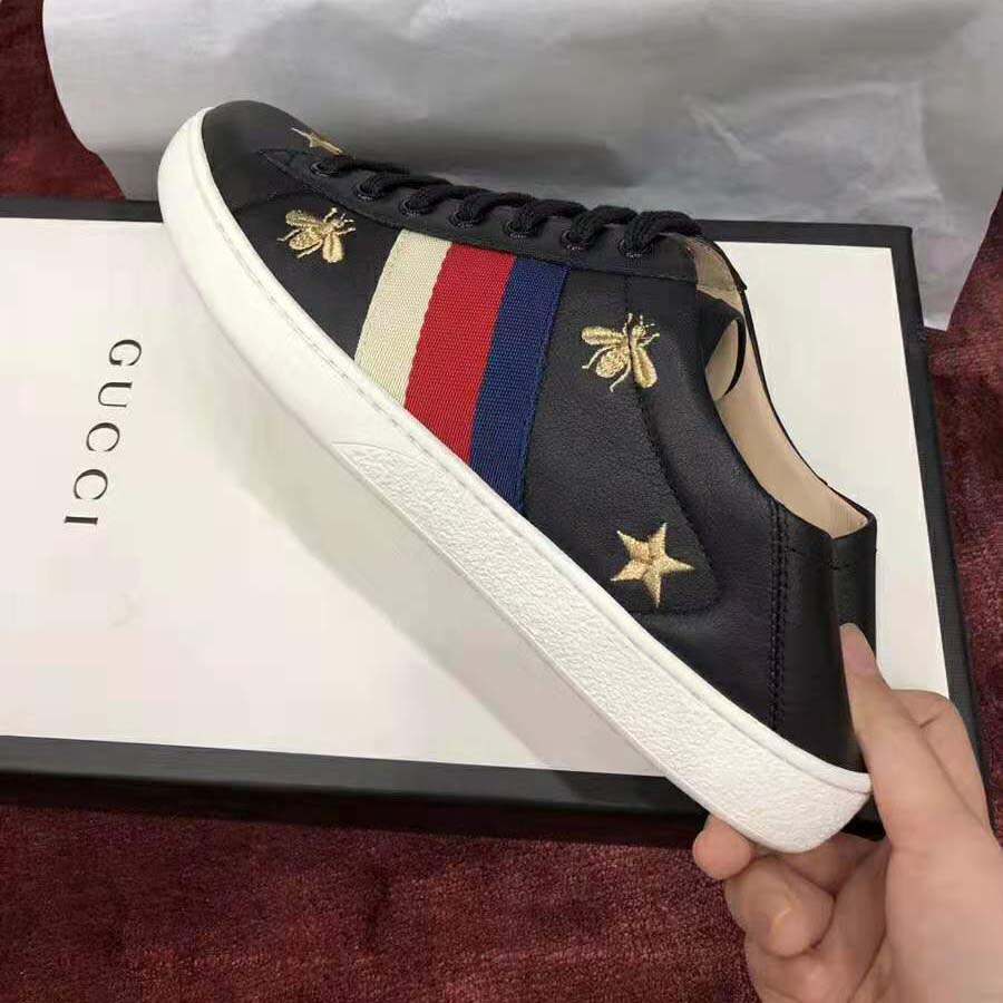 Gucci Men’s Ace Embroidered Sneaker in Black Leather with Bees and Stars