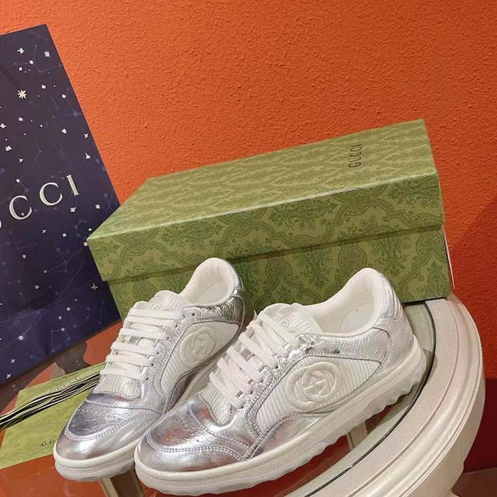 Gucci Unisex GG MAC80 Sneaker Metallic Silver Leather Fabric Round Toe Rubber Flat