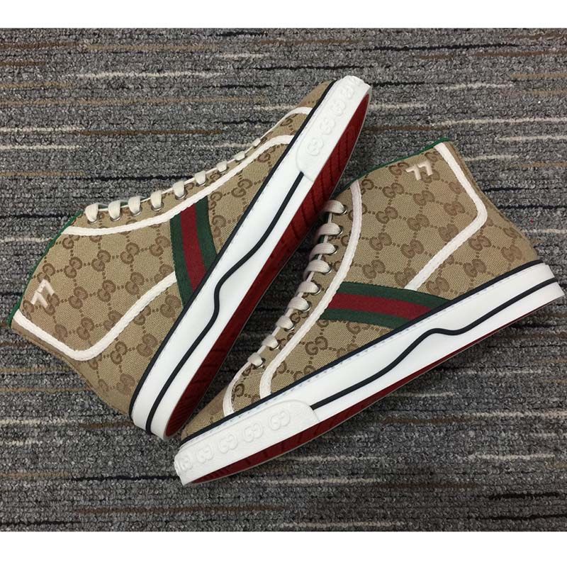 Gucci Unisex Tennis 1977 High Top Sneaker Brown Rubber Sole Flat 2 Cm Heel