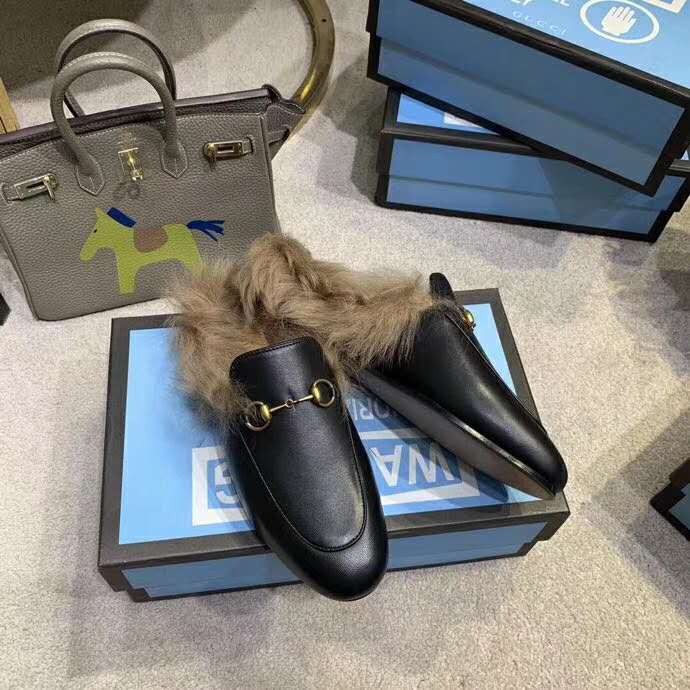 Gucci Women Princetown Leather Slipper with Lamb Wool-Black