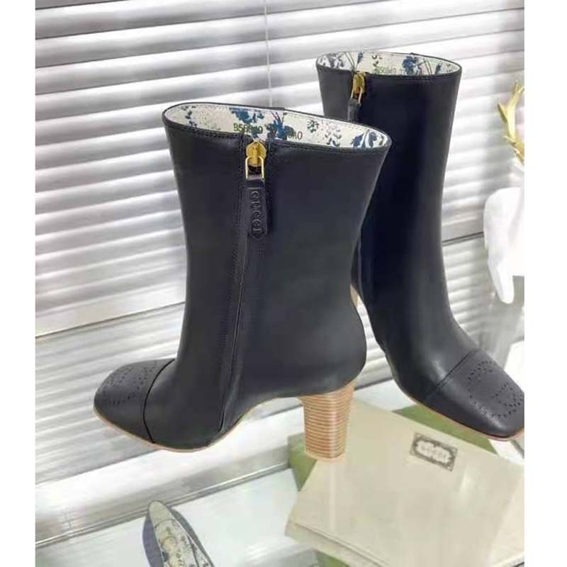 Gucci GG Women Ankle Boot with Interlocking G Black Leather 9 cm Heel