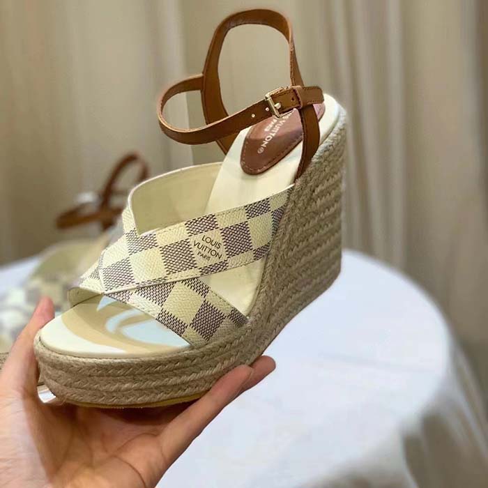 Louis Vuitton LV Women Starboard Wedge Sandal Natural Damier Azur Canvas Calf Leather