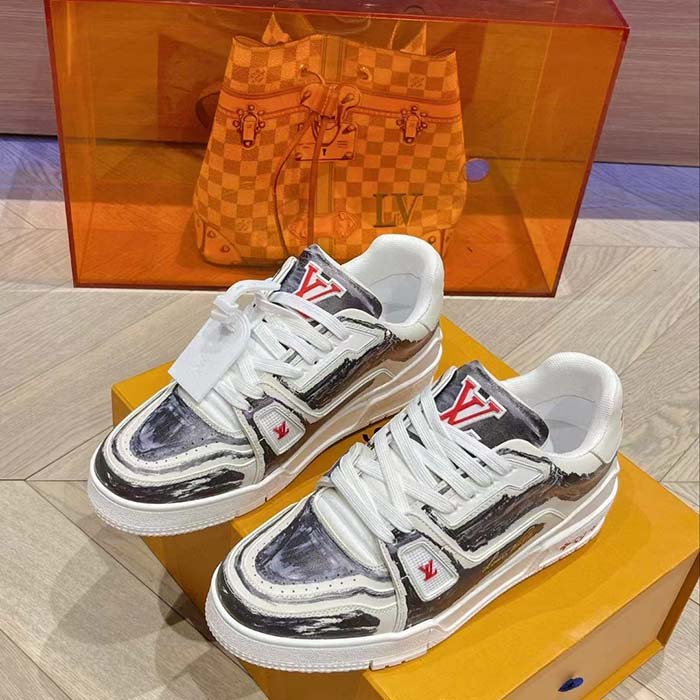 Louis Vuitton LV Unisex Trainer Sneaker Black Printed Calf Leather Rubber Outsole Monogram Flowers