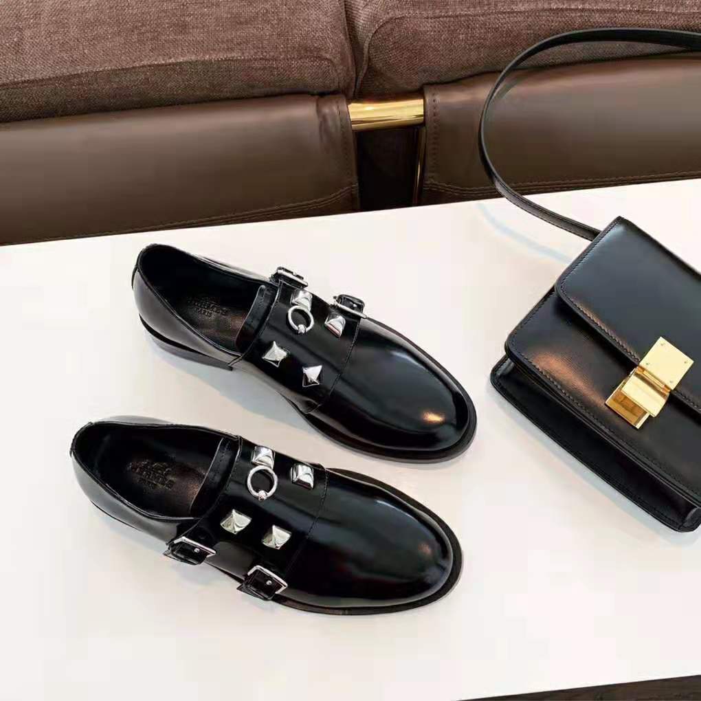 Hermes Women Stanford Derby Shoe Tuscan Calfskin Double Buckle-Black