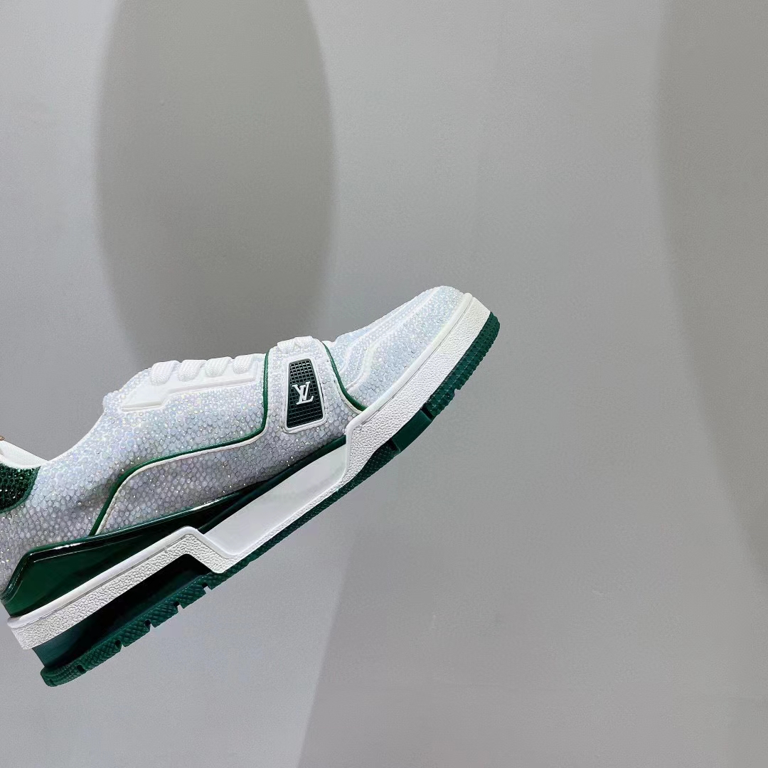 Louis Vuitton Unisex Trainer Sneaker Green Strass Rubber Outsole LV Initials Monogram Flowers