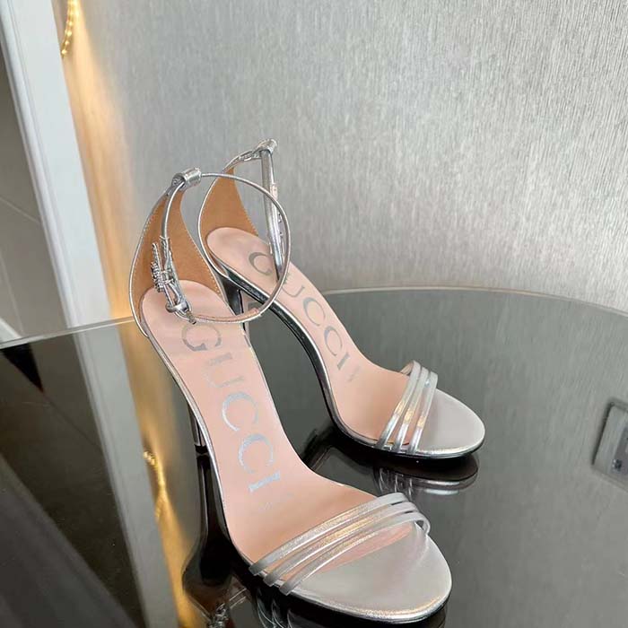 Gucci Women GG High Heeled Metallic Sandal Silver Leather Ankle Strap Metal Double G Buckle Crystals