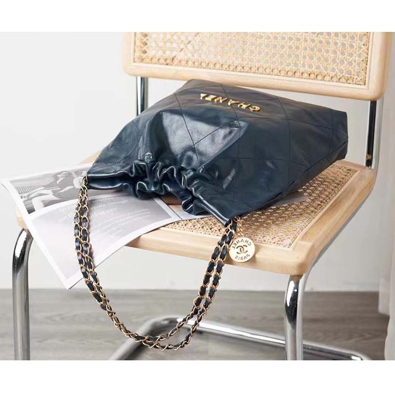 Chanel Women 22 Small Handbag Shiny Calfskin Gold-Tone Metal Navy Blue