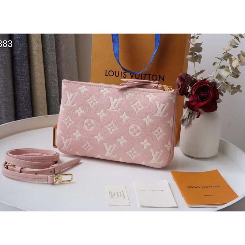 Louis Vuitton Double Zip Pochette Pink Monogram Empreinte Embossed Supple Grained Cowhide
