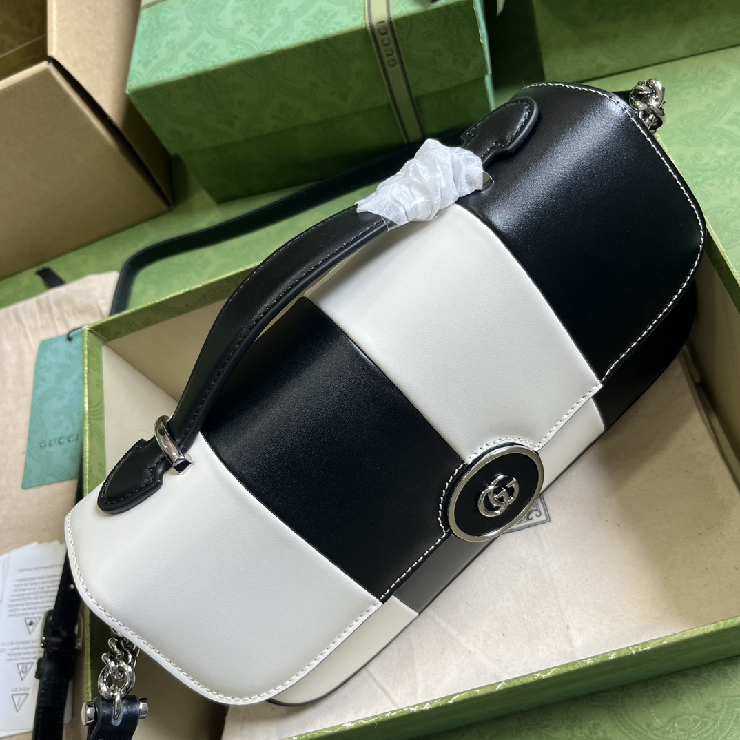 Gucci Women Petite GG Small Shoulder Bag Black White Leather Double G
