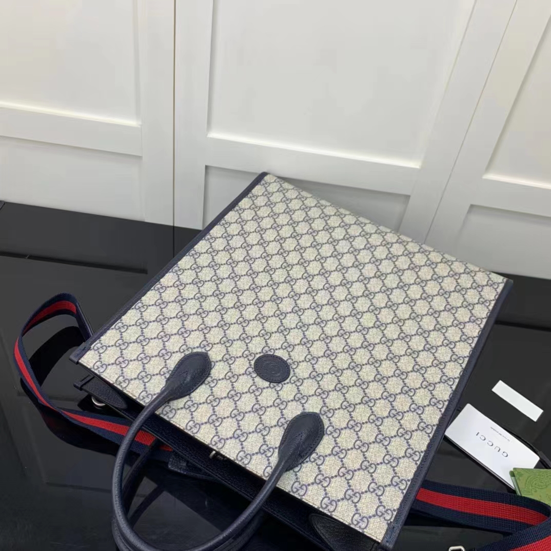 Gucci GG Unisex Medium Tote Bag Interlocking G Beige Blue Supreme Canvas