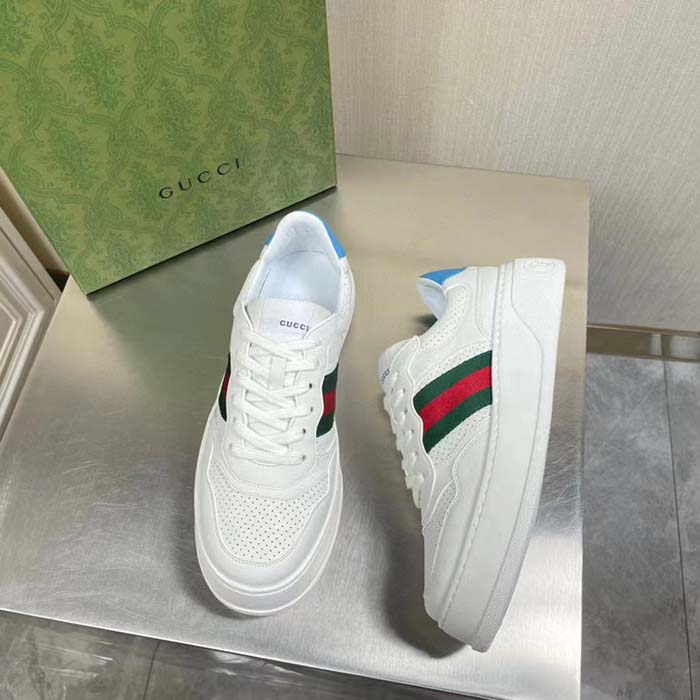 Gucci Unisex GG Sneaker Web White Leather Blue Lace-Up Flat
