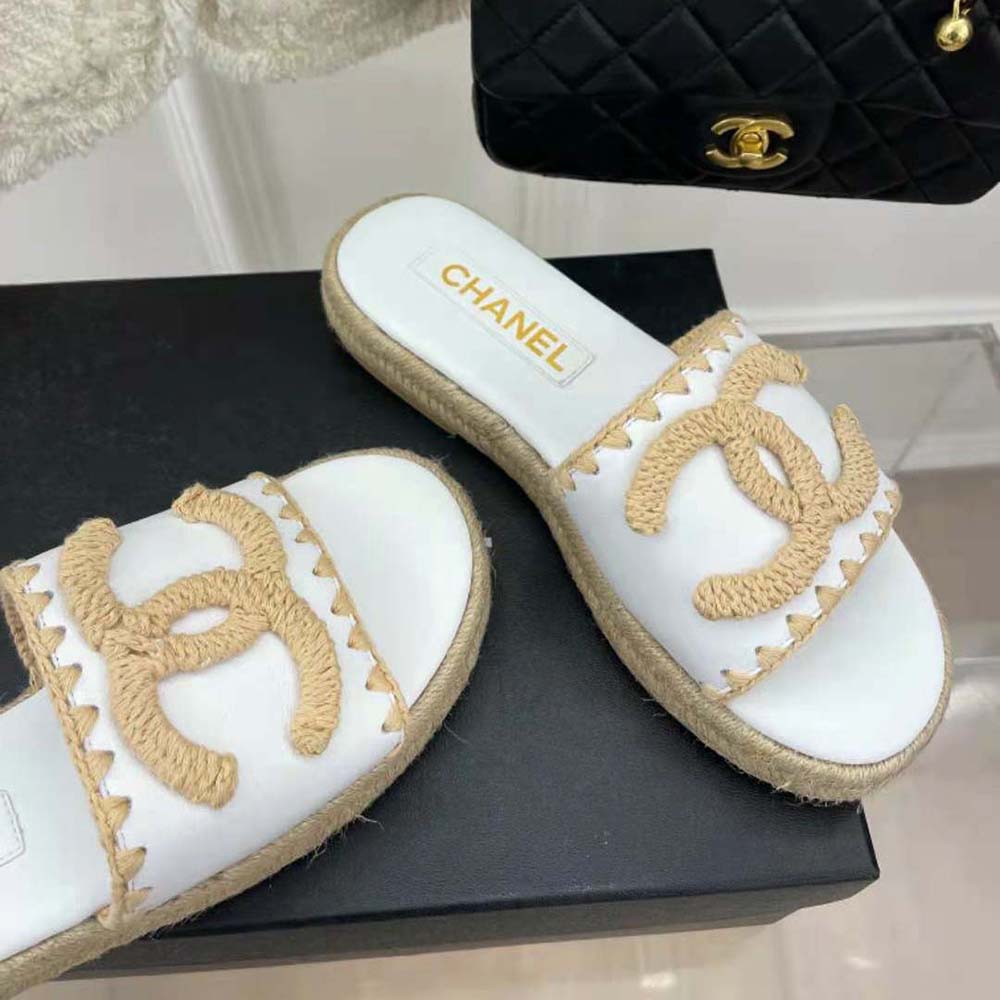 Chanel Women Mules Lambskin Beige & White