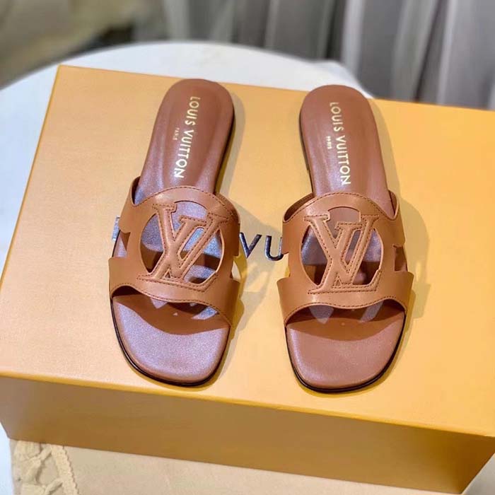 Louis Vuitton LV Unisex Isola Flat Mule Cognac Brown Calf Leather Circle Signature