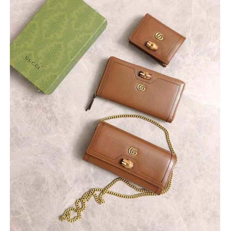 Gucci Women Gucci Diana Continental Wallet Double G Brown Leather Bamboo Detail