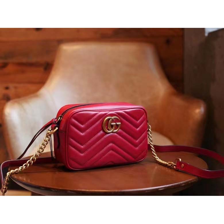 Gucci Women GG Marmont Matelassé Mini Bag Red Matelassé Chevron Leather