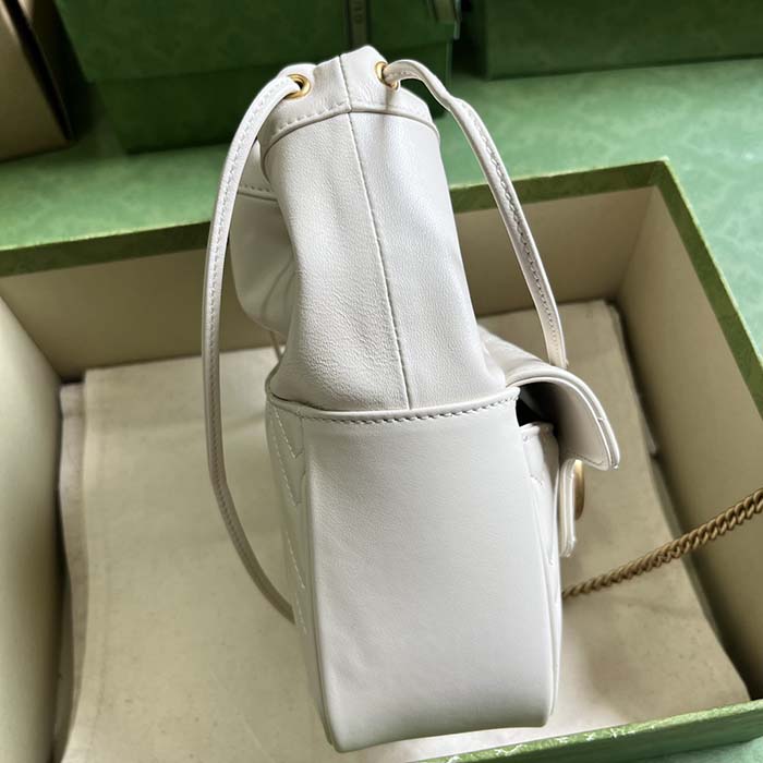 Gucci Women GG Marmont Mini Bucket Bag White Matelassé Chevron Leather Double G