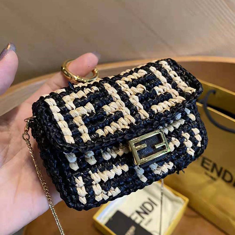 Fendi Women Nano Baguette Charm Black Raffia Charm