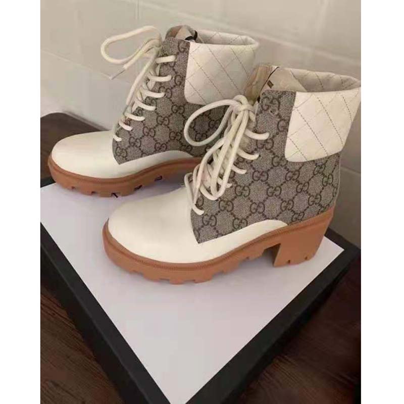 Gucci GG Women’s GG Ankle Boot Beige Ebony GG Supreme Canvas 7 cm Heel