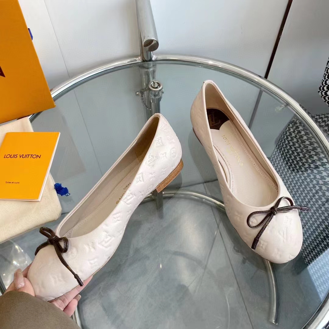 Louis Vuitton LV Women Nina Flat Ballerina Nude Pink Monogram Embossed Calf Leather Bow