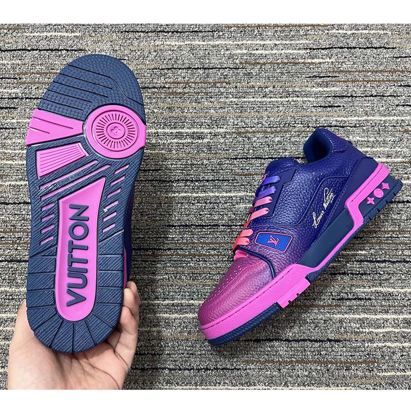 Louis Vuitton Unisex LV Trainer Sneaker Pink Grained Calf Leather Rubber Monogram Flowers