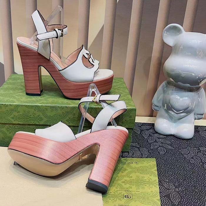 Gucci Women GG Interlocking G Sandal White Leather Wooden High 12 Cm Heel