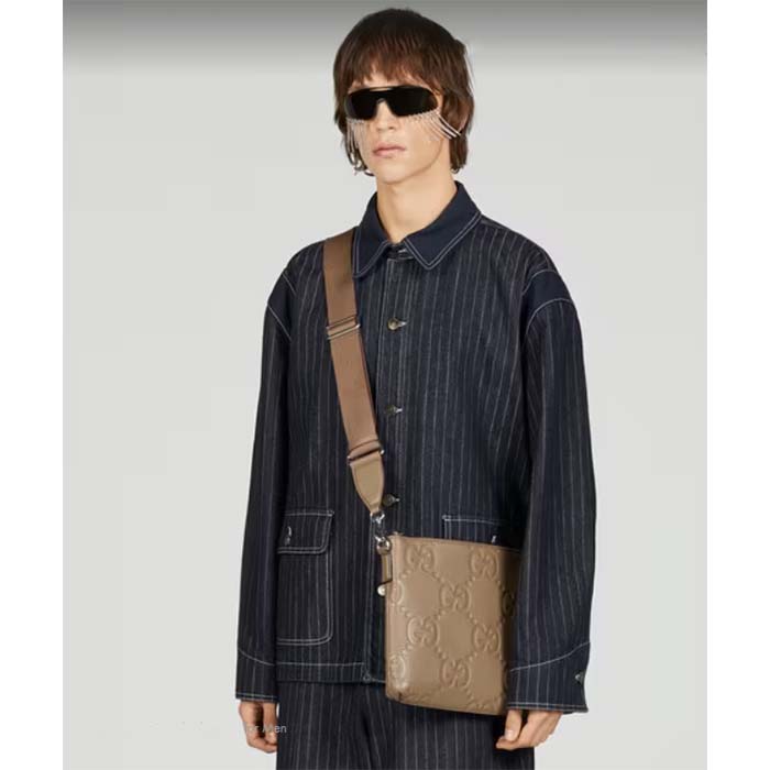 Gucci Unisex Jumbo GG Medium Messenger Bag Taupe Leather Zip Closure