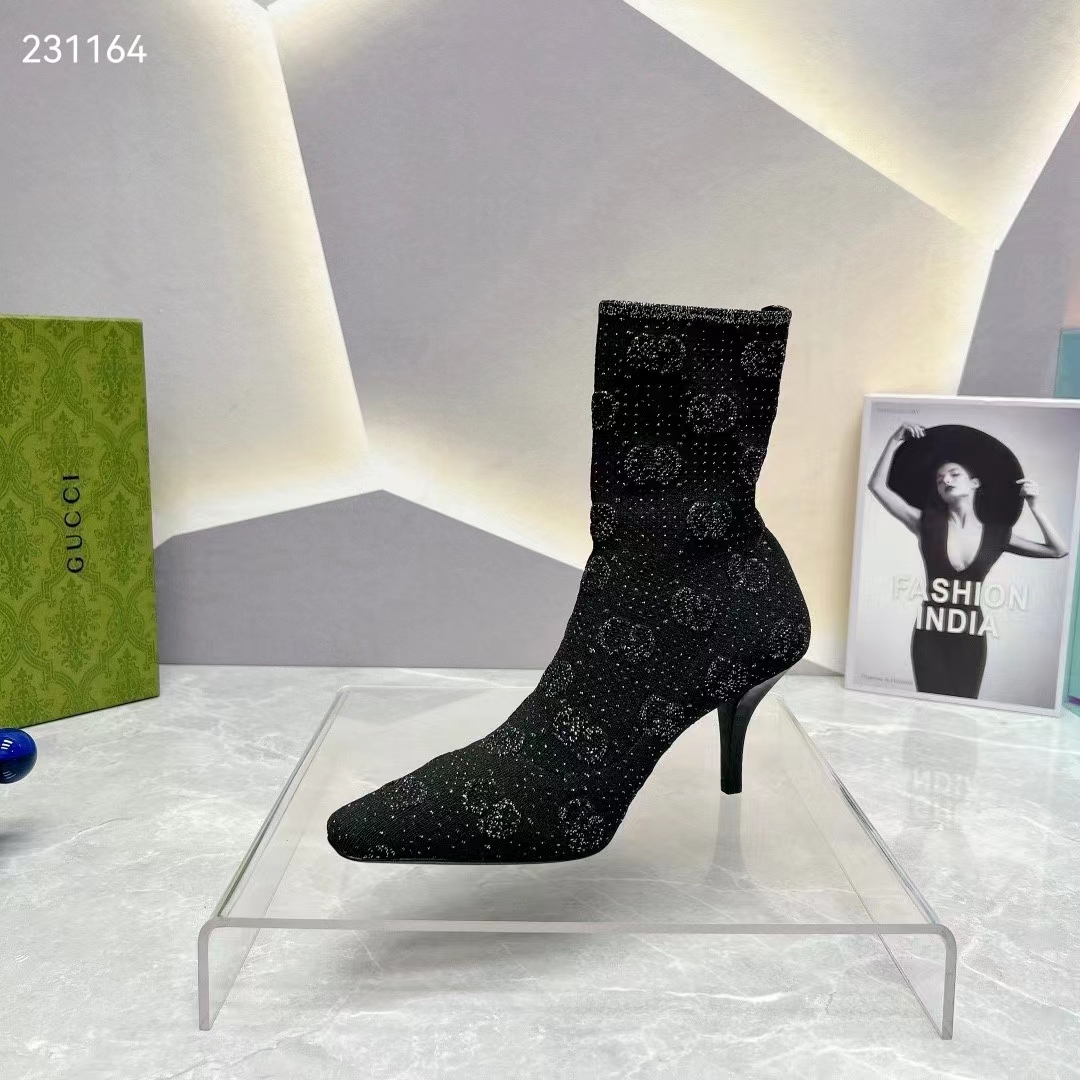 Gucci Women GG Knit Ankle Boots Black Grey Technical Knit Fabric Square Toe Leather Mid-Heel