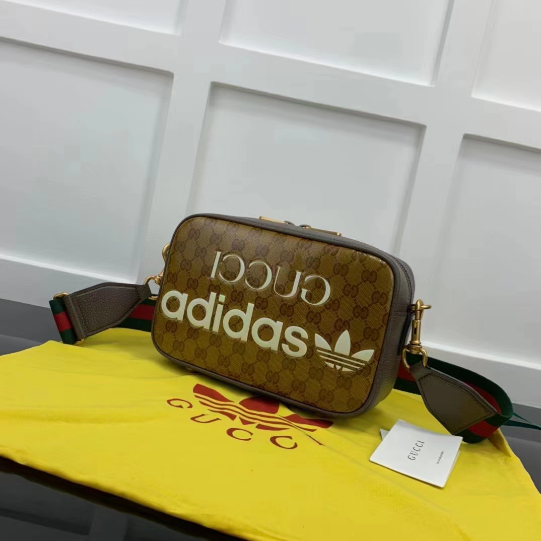 Gucci Unisex Adidas x Gucci Small Shoulder Bag Beige Brown GG Crystal Canvas