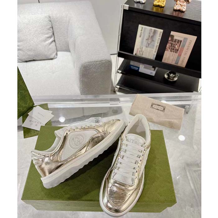 Gucci Unisex GG MAC80 Sneaker Metallic Gold Leather Interlocking G Embroidery Round Toe Rubber Flat