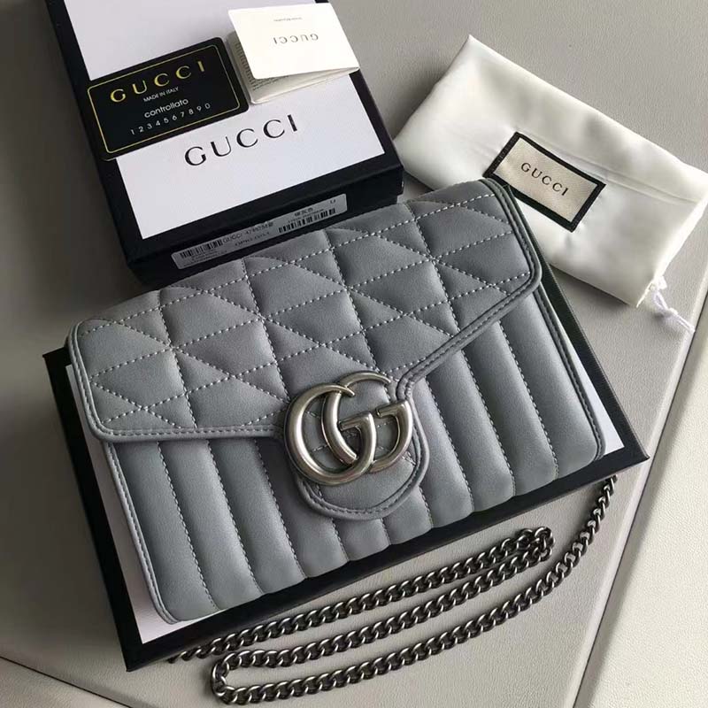 Gucci Women GG Marmont Matelassé Mini Bag Grey Leather Double G