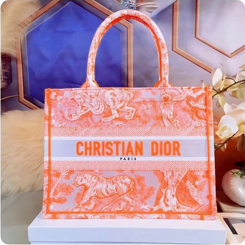 Dior Women CD Medium Book Tote Fluorescent Orange Toile De Jouy Reverse Embroidery