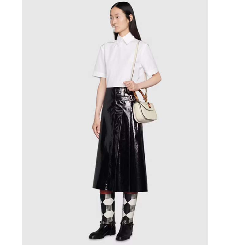 Gucci Women Gucci Bamboo 1947 Small Top Handle Bag White Leather Bamboo Hardware