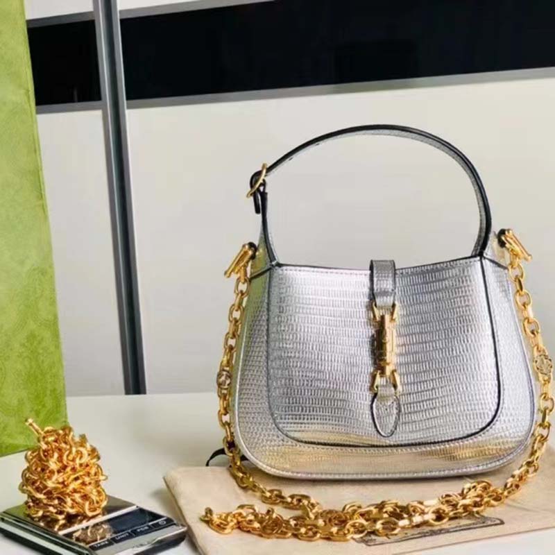 Gucci Women Jackie 1961 Lizard Mini Bag Silver Lamé Lizard