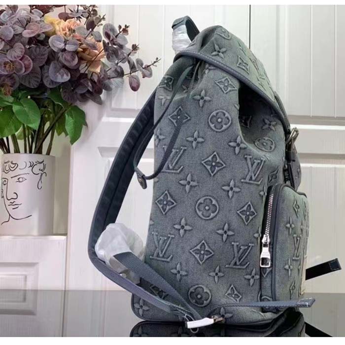 Louis Vuitton LV Unisex Montsouris Backpack Monogram Washed Denim Coated Canvas Cowhide Leather