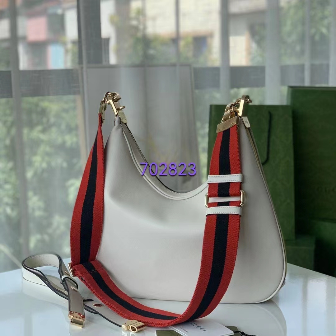 Gucci Women GG Attache Large Shoulder Bag White Leather Green Yellow Web