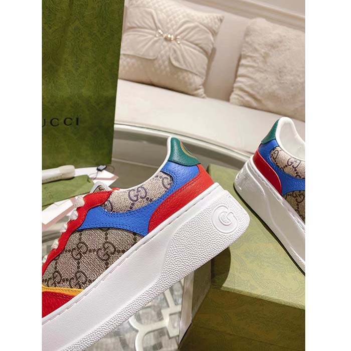 Gucci Unisex Sneaker Beige Blue GG Supreme Canvas Interlocking G 5.6 Cm Heel