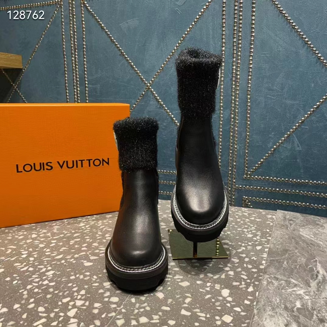 Louis Vuitton Women Shoes LV Beaubourg Ankle Boot Black Calf Leather Wool