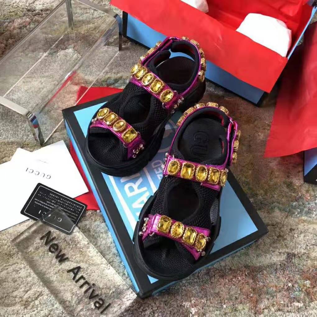 Gucci Women Metallic Leather Sandal with Crystals-Rose