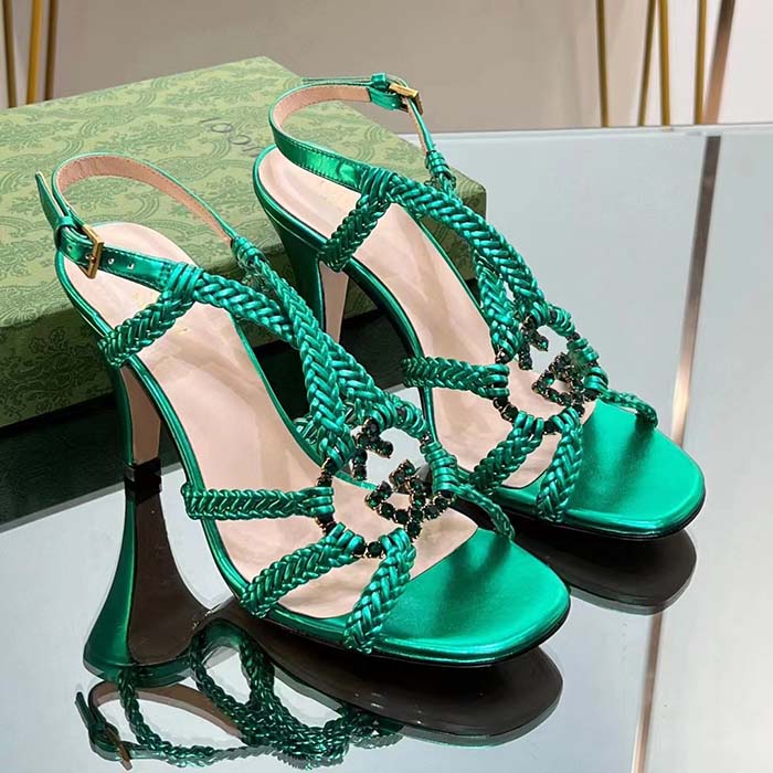 Gucci Women Crystal Interlocking G Sandal Green Metallic Braided Leather High Heel